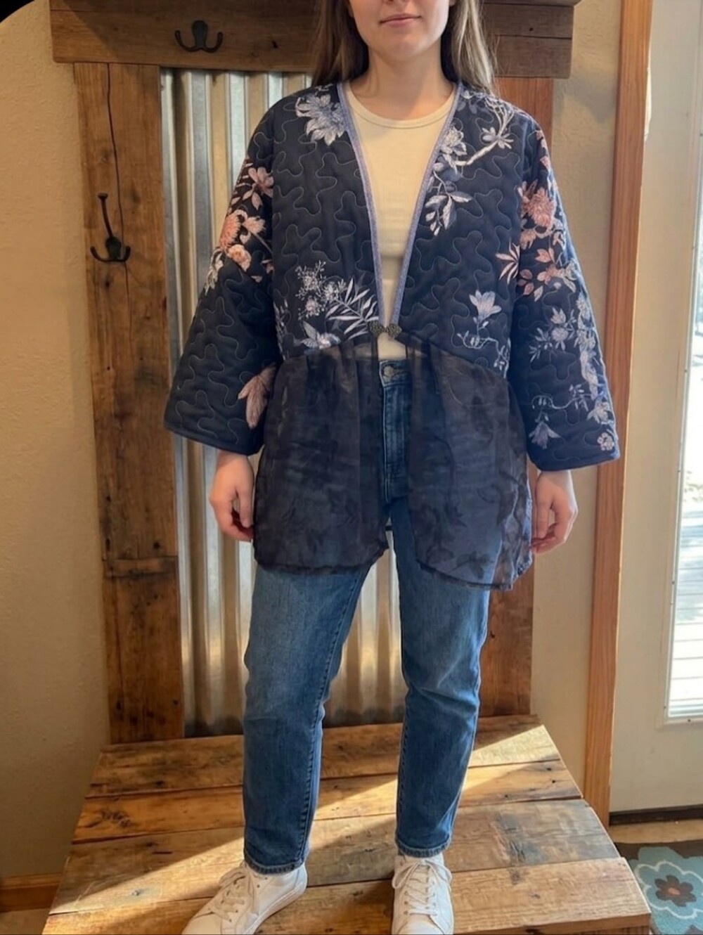 Upcycled Navy Blue Floral Quilted Jacket L-XL Vtg Lace Peplum Dont Throw It Out